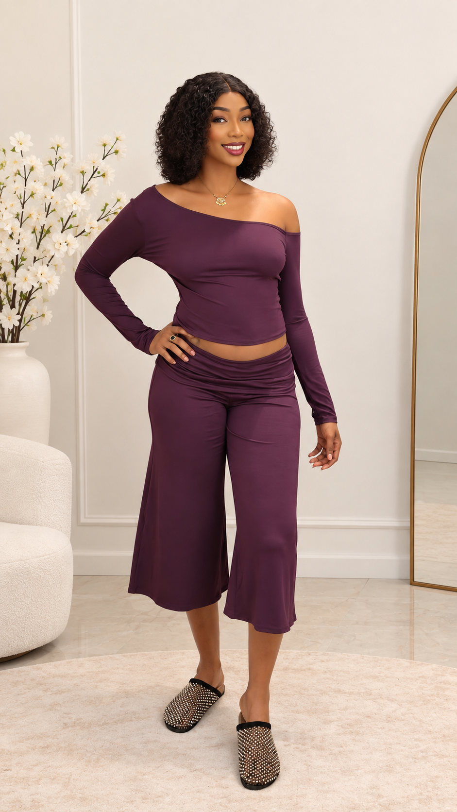 Ensemble 2 pièces – Top épaules dénudées & pantalon large Prune