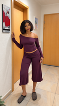 Ensemble 2 pièces – Top épaules dénudées & pantalon large Prune