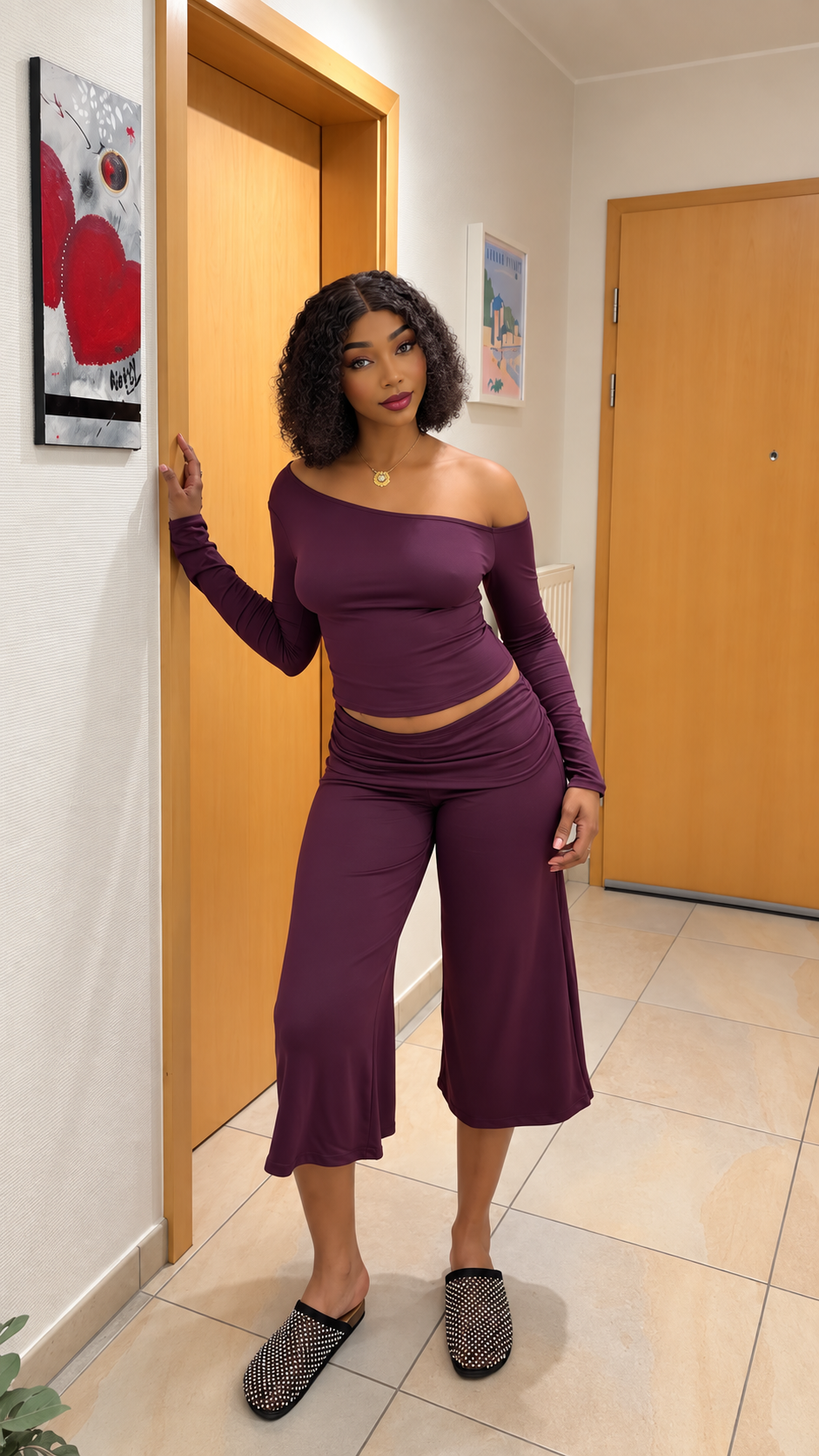 Ensemble 2 pièces – Top épaules dénudées & pantalon large Prune